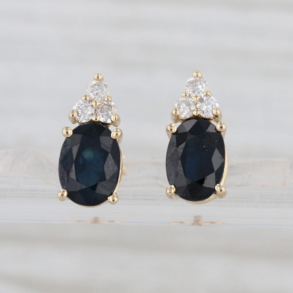 1.95ctw Blue Sapphire Diamond Stud Earrings 14k Yellow Gold Oval Studs
