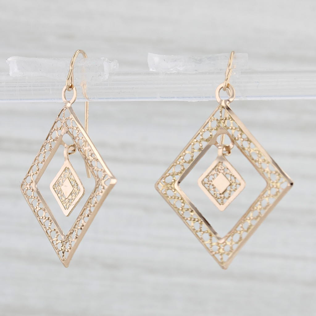 Light Gray Filigree Square Dangle Earrings 14k Yellow Gold Hook Posts