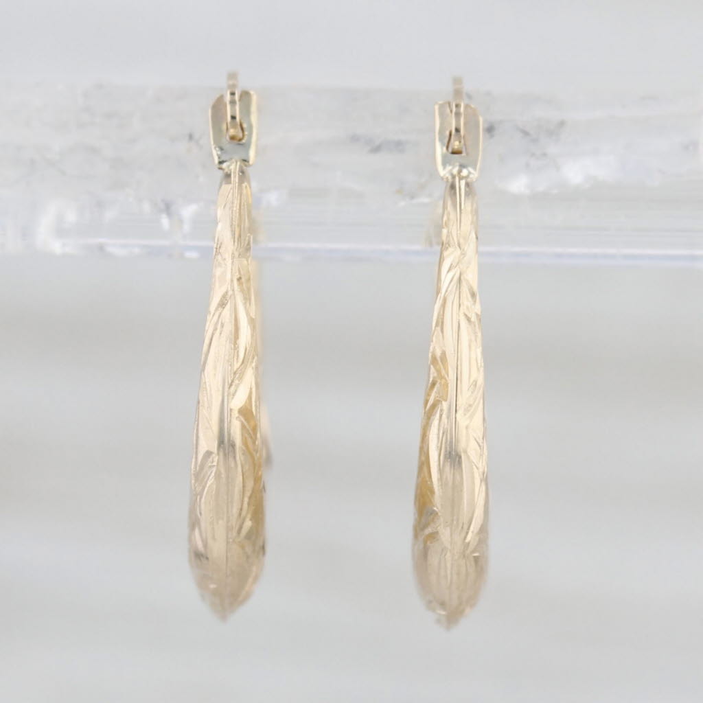 Small Etched Hoop Earrings 10k Yellow Gold Snap Top Post Round Hoops 18 x 2.5 mm
