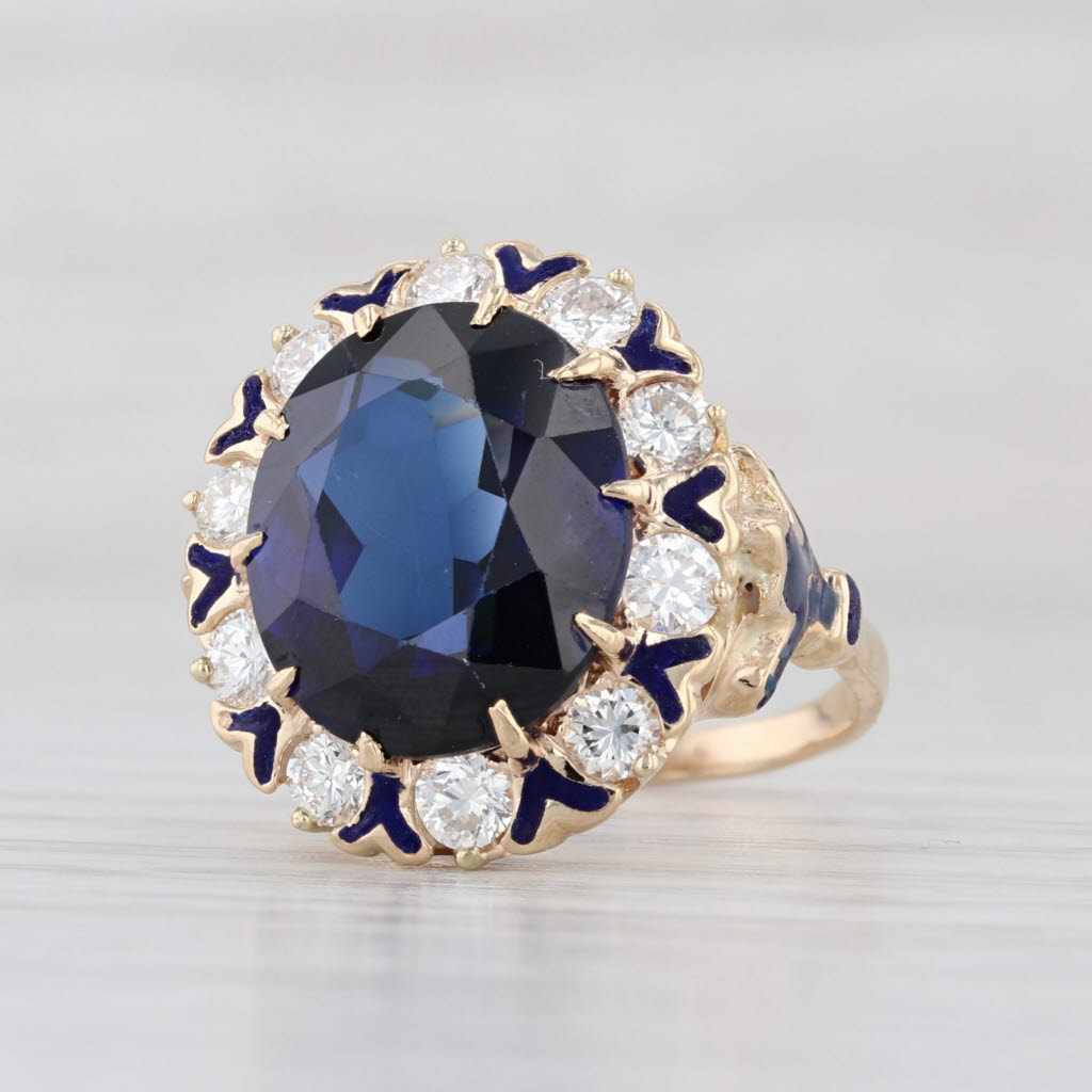 Vintage 8.90ctw Lab Created Sapphire Diamond Halo Ring 14k Yellow Gold Cocktail