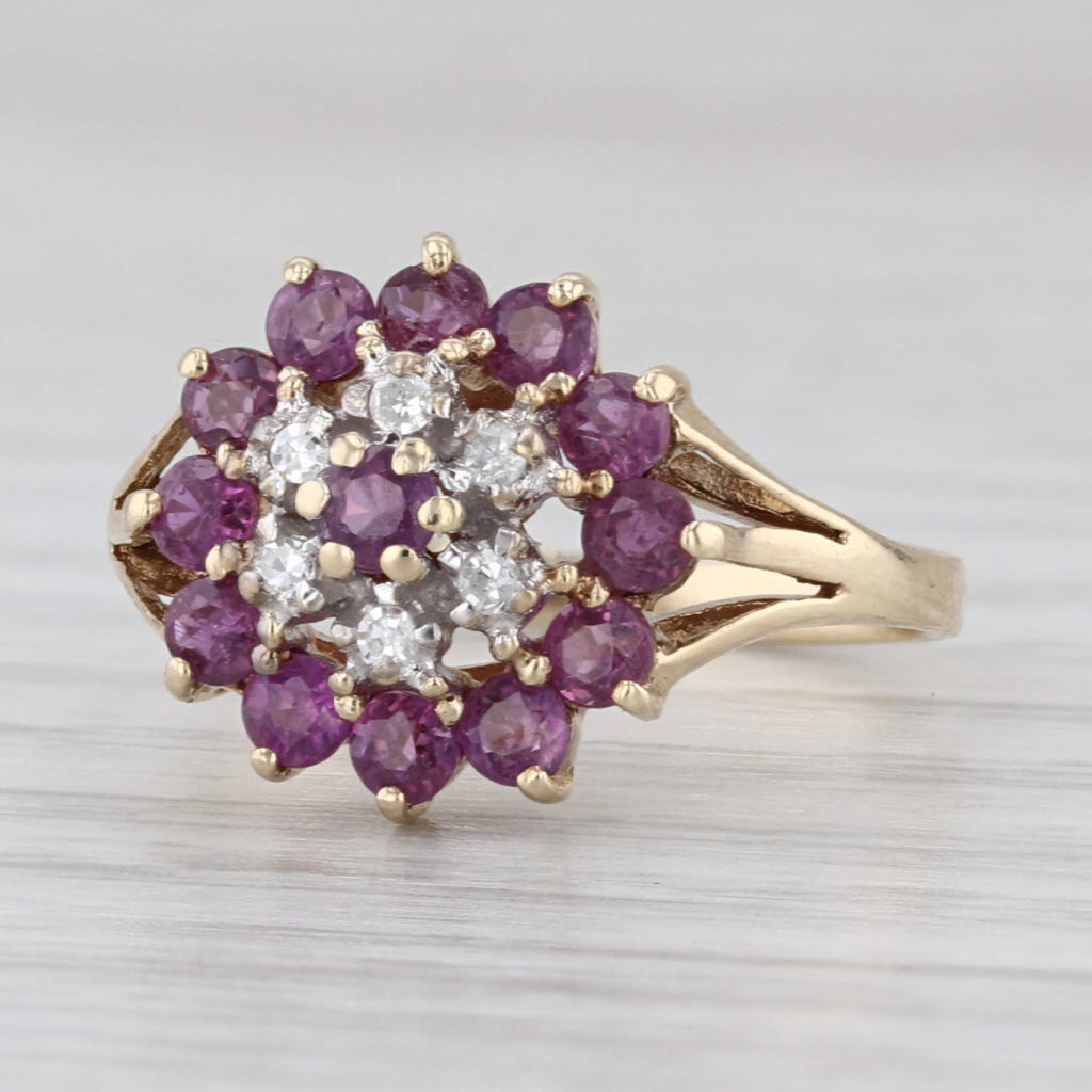 0.95ctw Ruby Sapphire Diamond Cluster Flower Ring 10k Yellow Gold Size 5.25