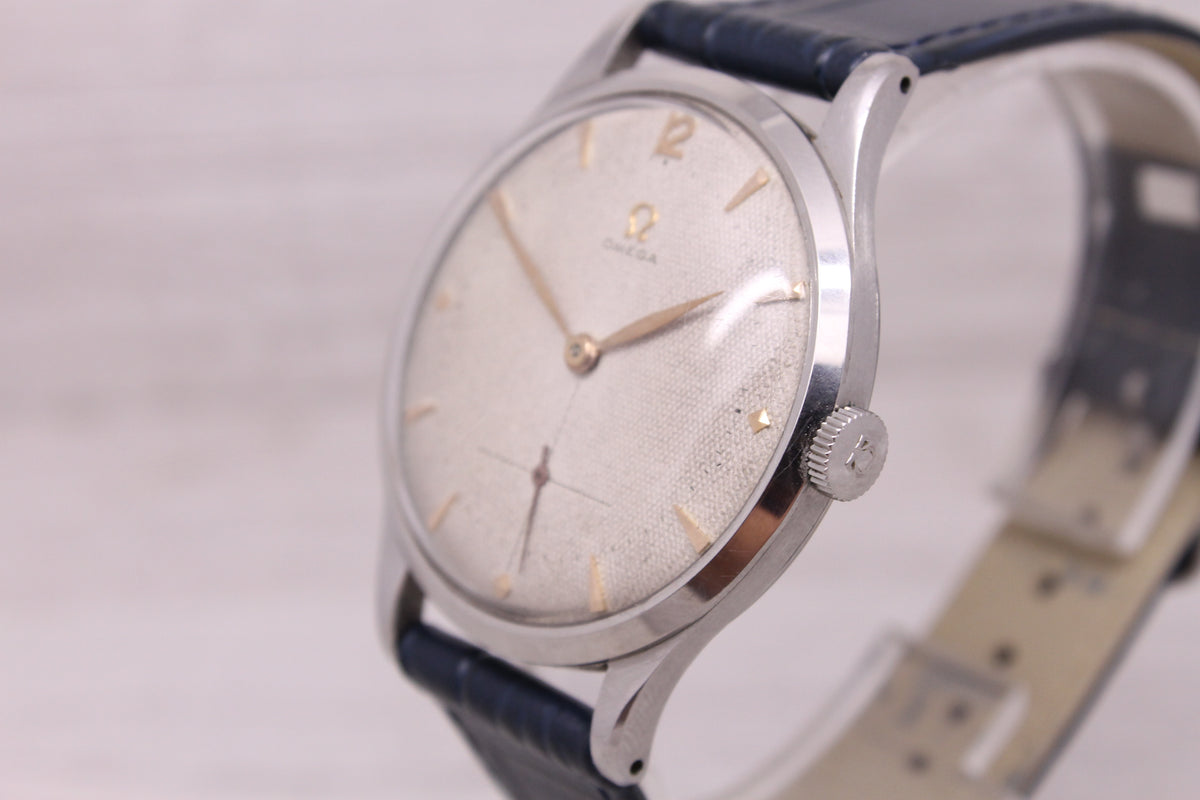 Vintage 1952 Omega Jumbo 37.5mm Steel Mens Watch Waffle Dial c.266 ref.2609