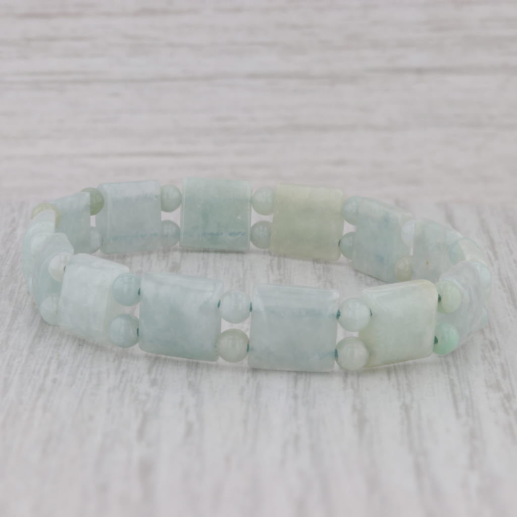 Gray Green Jadeite Jade Bead Stretch Bracelet 6.75" Adjustable