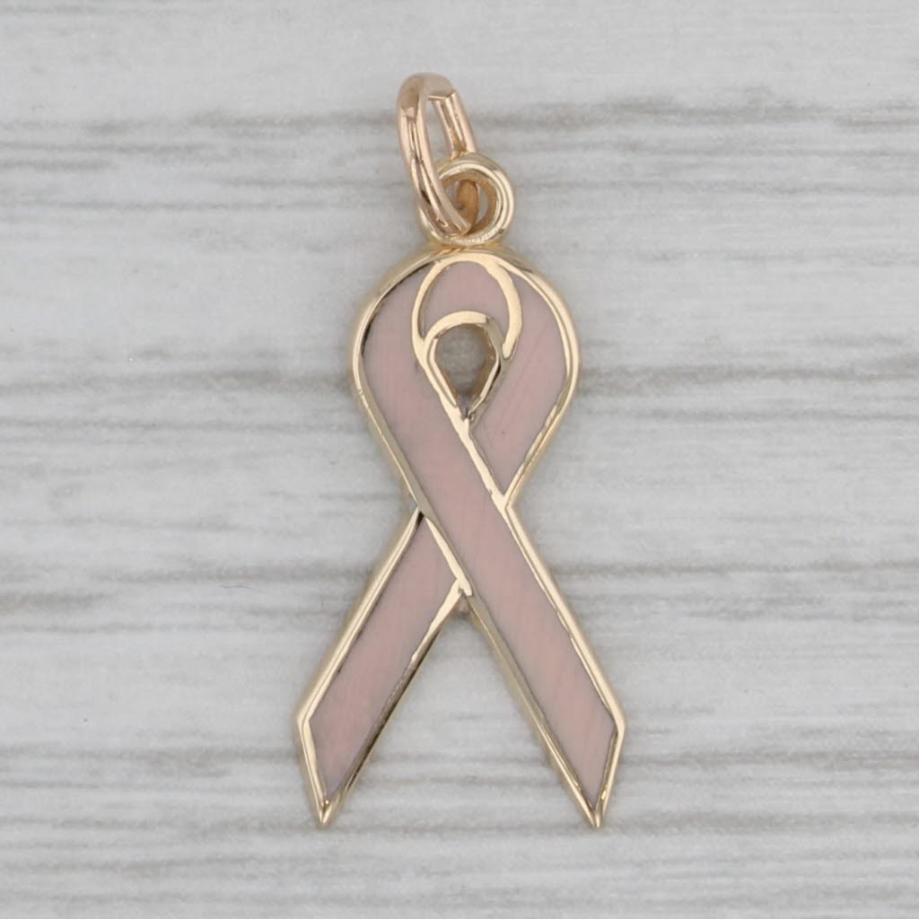 Gray Pink Enamel Support Ribbon Charm 14k Yellow Gold Pendant