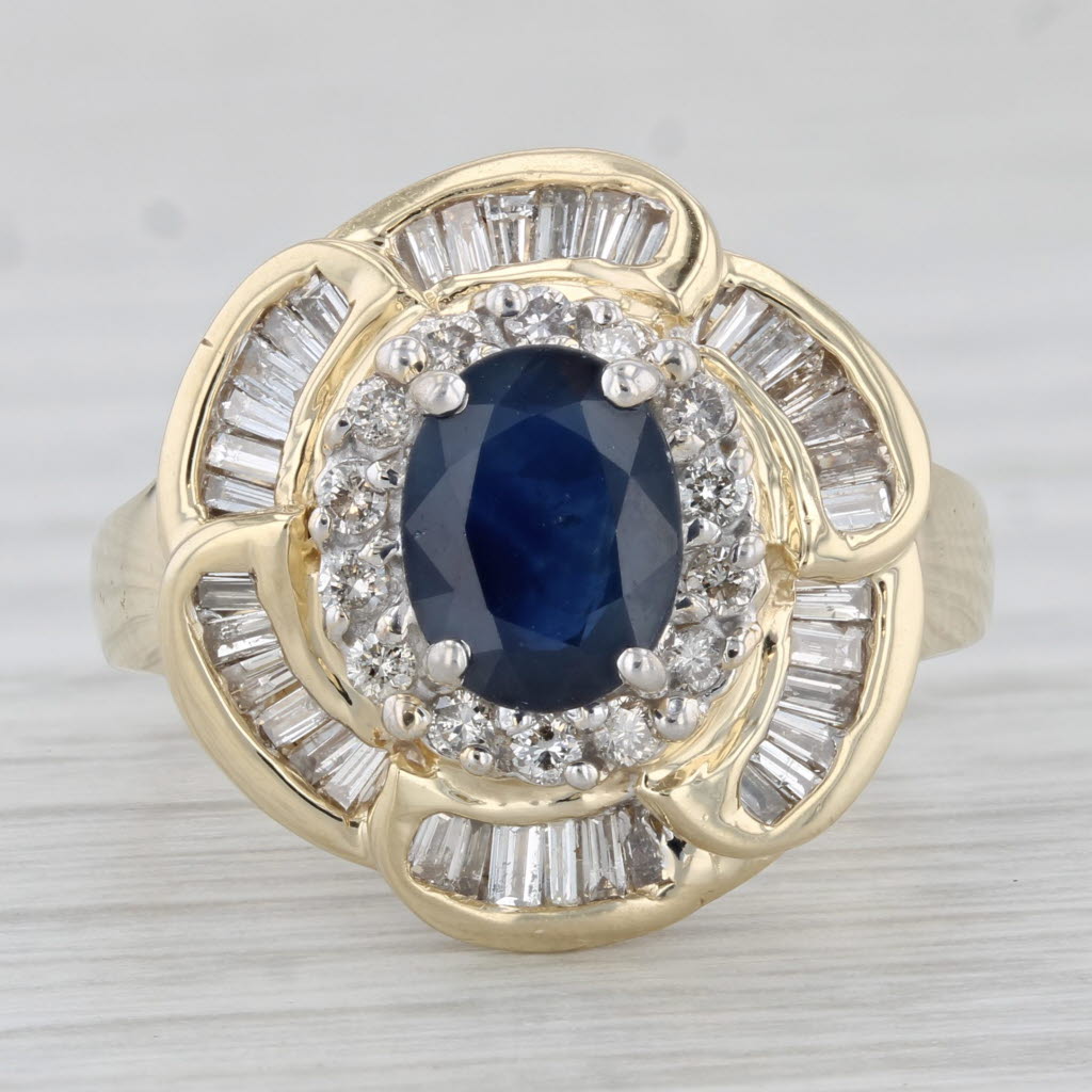 Gray 1.78ctw Blue Sapphire Diamond Halo Flower Ring 14k Yellow Gold Size 7 Cocktail