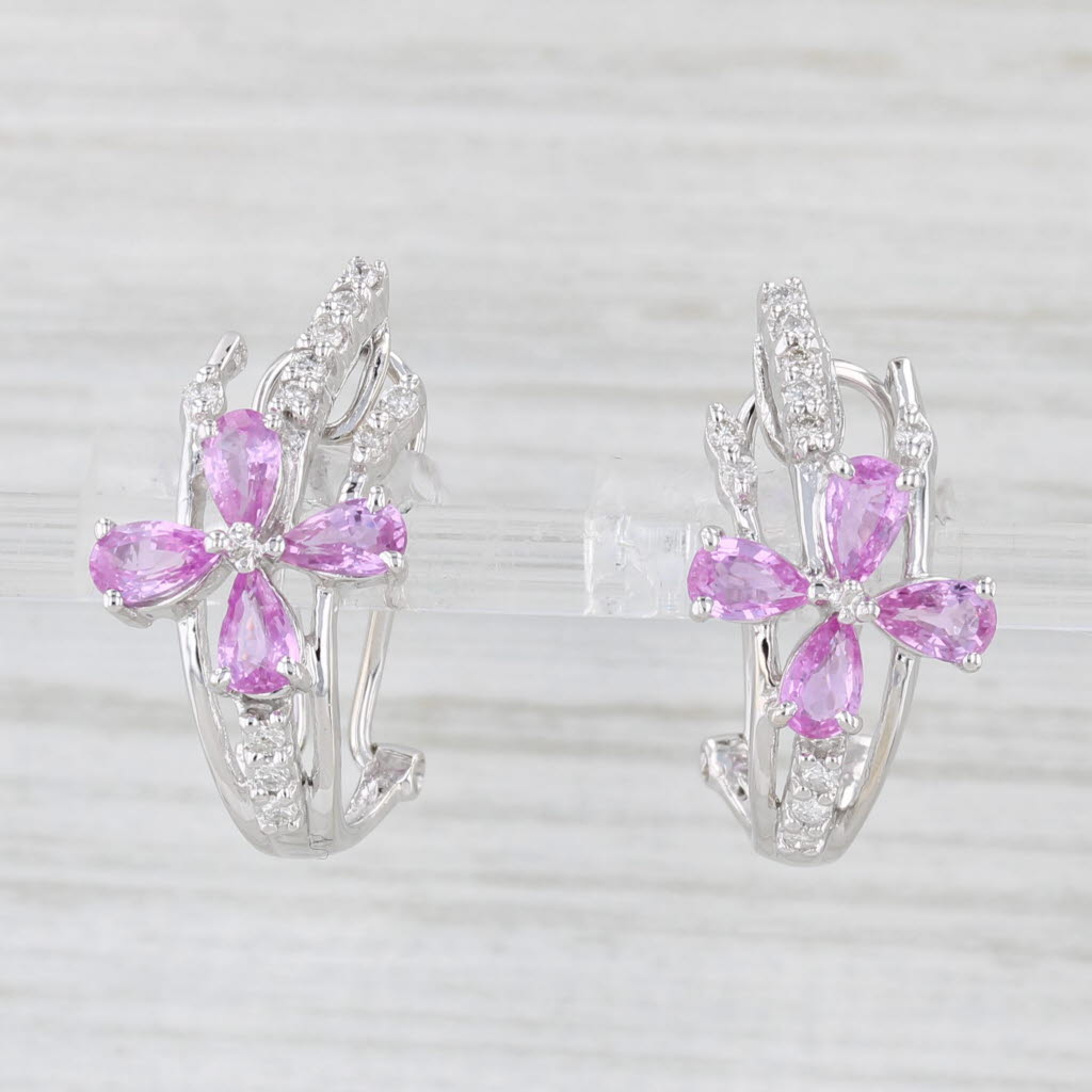 Light Gray 2ctw Pink Sapphires Diamond Flower Drop 14k White Gold Dangles