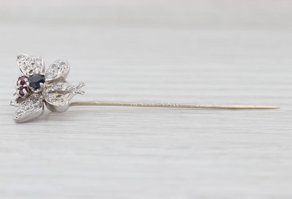 Vintage 0.43ctw Gemstone Butterfly Stickpin 12k Gold Diamond Sapphire Ruby