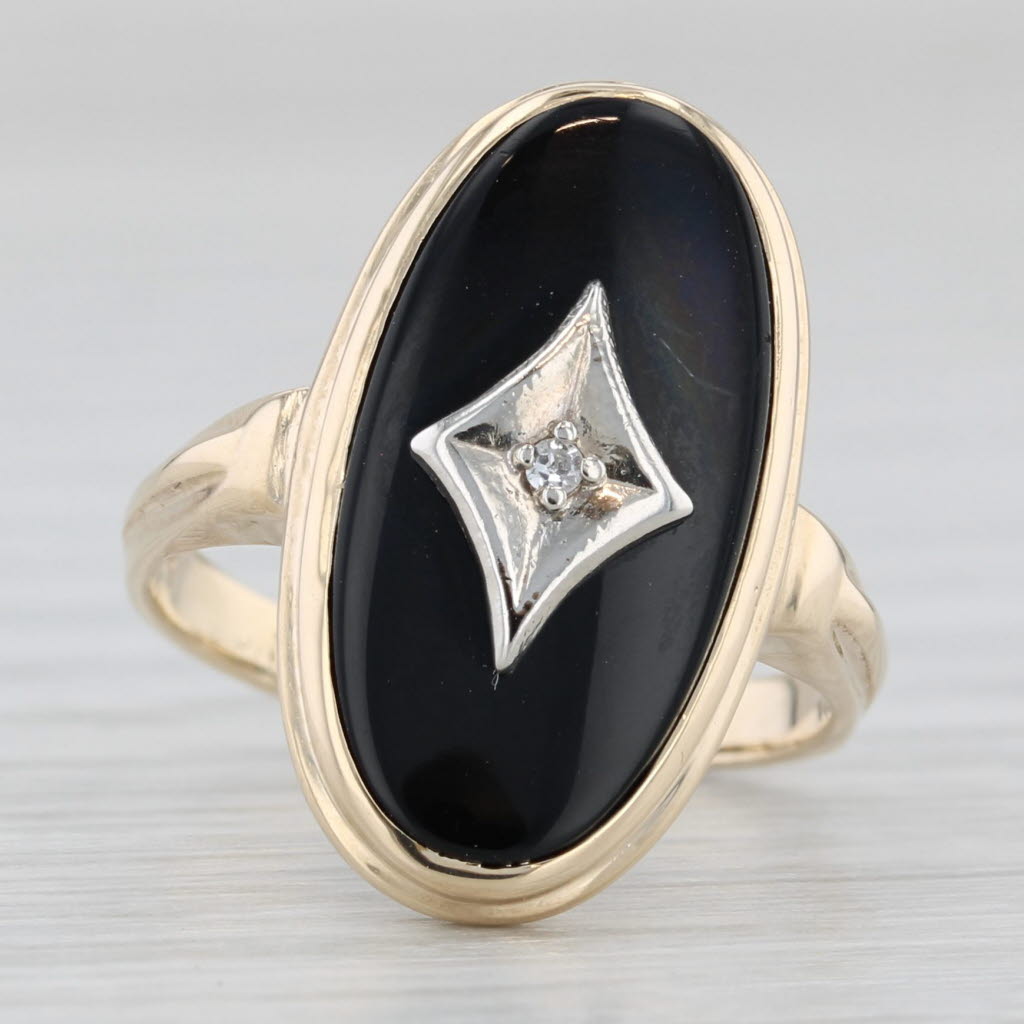 Light Gray Onyx Diamond Signet Ring 10k Yellow Gold Size 4.5 Vintage