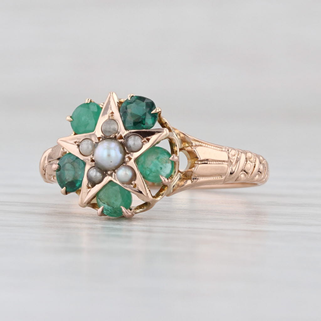 Antique Green Stone Flower Ring 10k Gold Emerald Garnet Glass Imitation Pearls