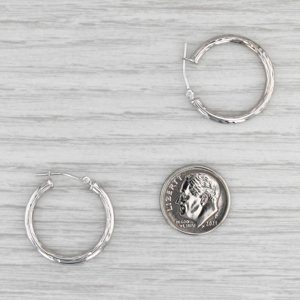 Small Etched Hoop Earrings 10k White Gold Snap Top Round Hoops 22.6 x 2.3 mm