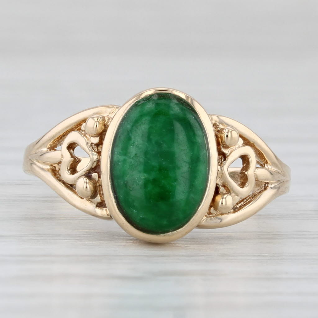 Light Gray Green Jadeite Jade Oval Cabochon Solitaire Ring 14k Gold Size 6.5 Heart Accents