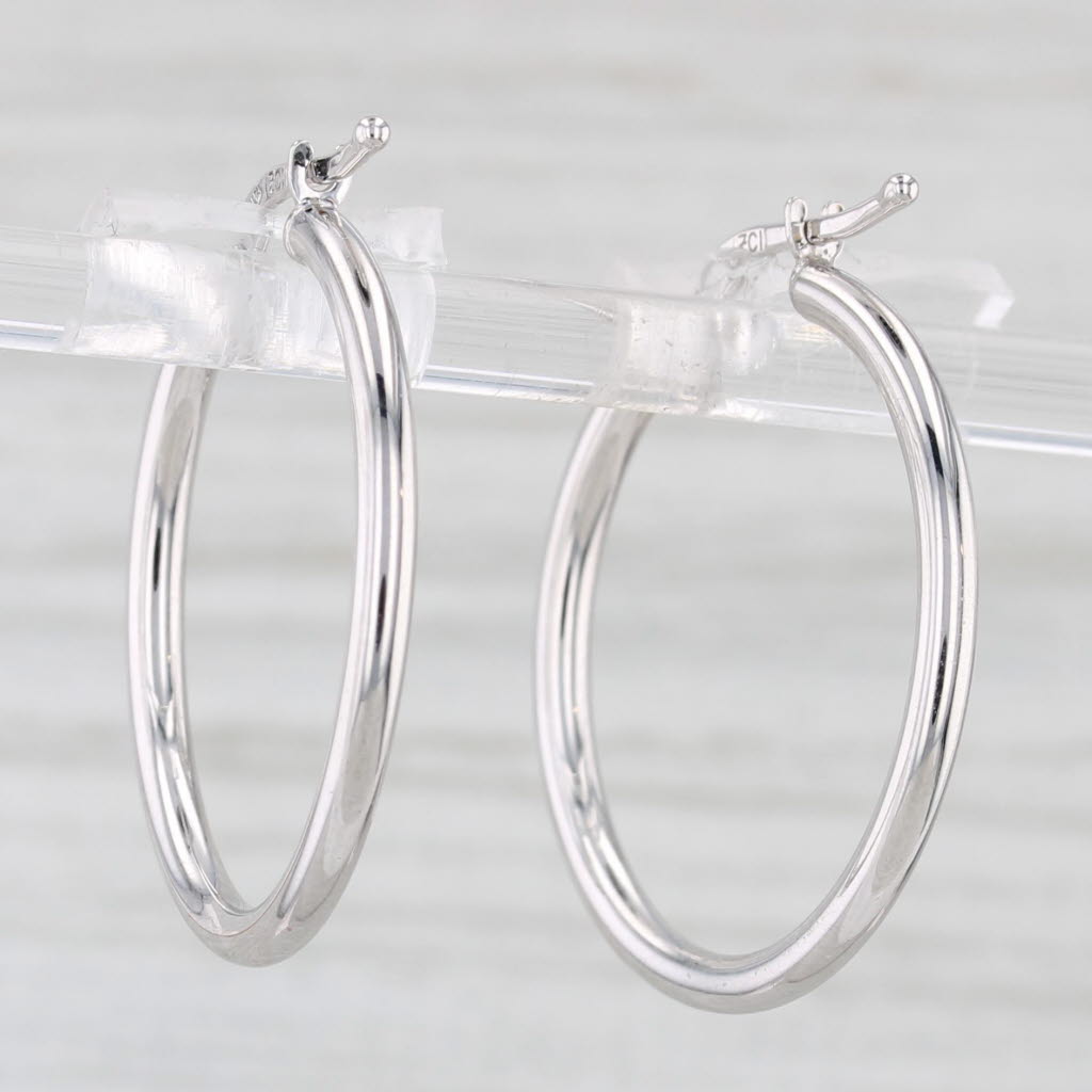 Light Gray New Round Hoop Earrings 14k White Gold Snap Top Hoops 2 x 25 mm