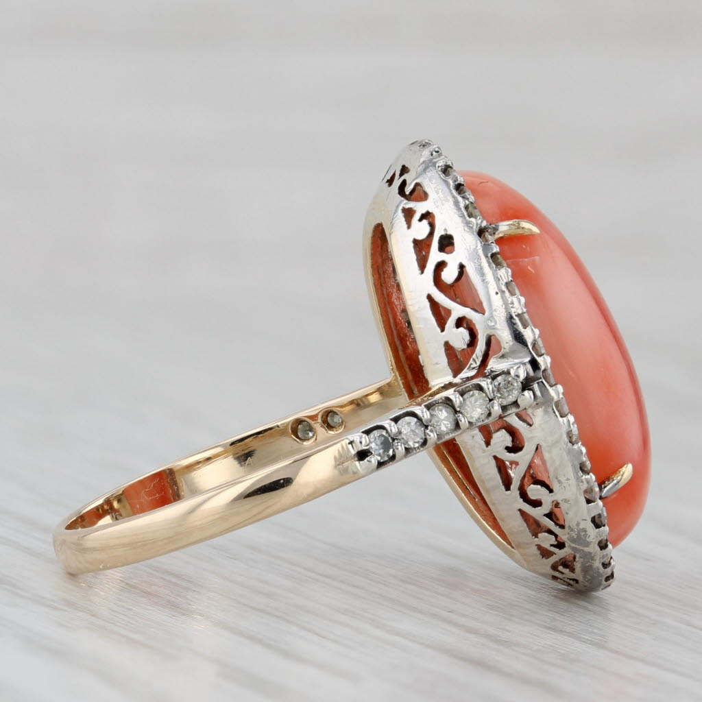 Gray Coral Cabochon Diamond Halo Ring 14k Yellow Gold Silver Size 8