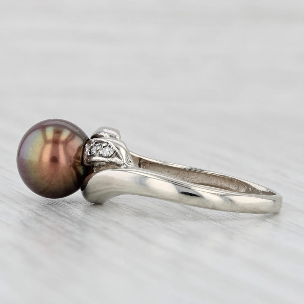 Light Gray Brown Bronze Cultured Pearl Diamond Ring 14k White Gold Size 6.5