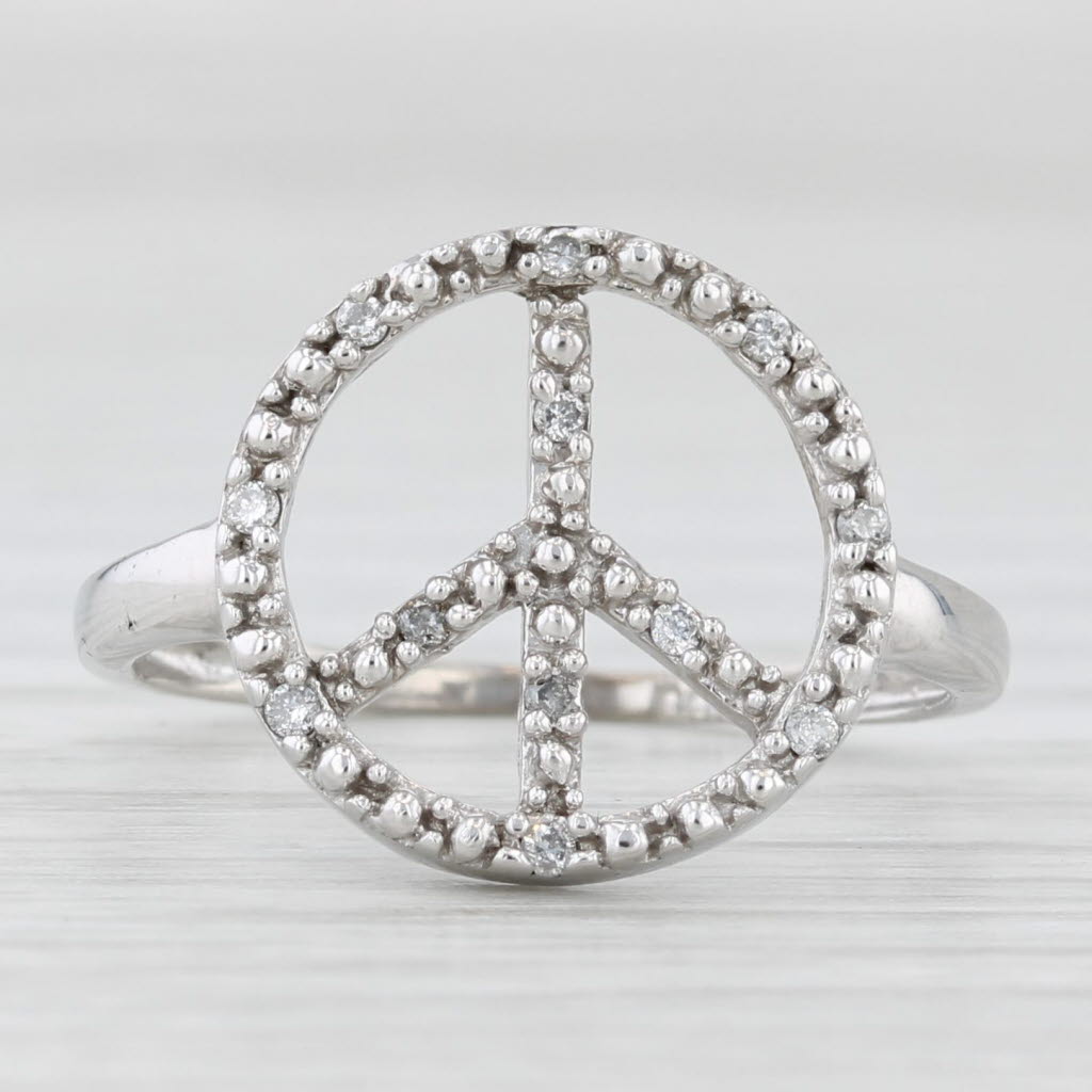 Light Gray Diamond Peace Sign Ring 10k White Gold Size 6.75