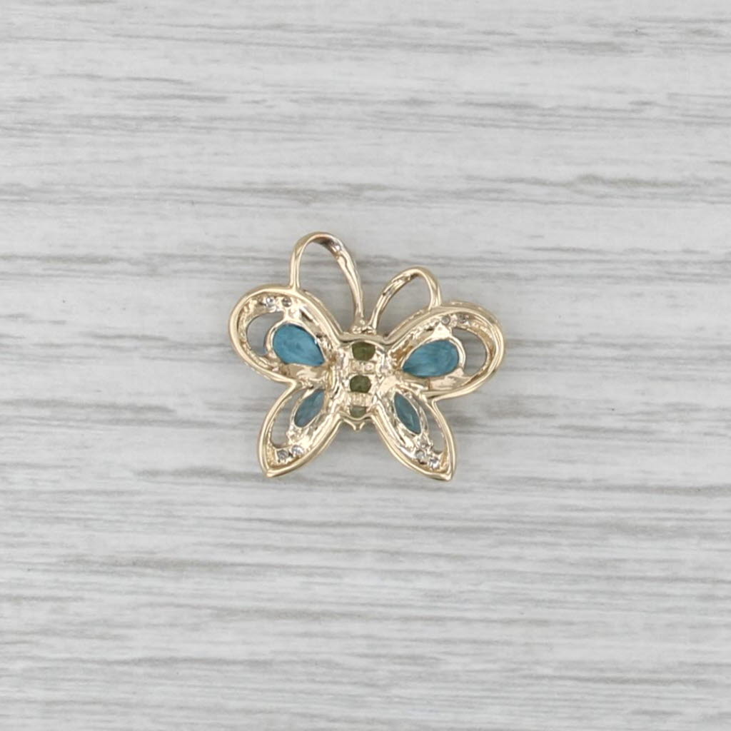 1.62ctw Blue Topaz Peridot Diamond Butterfly Pendant 10k Yellow Gold