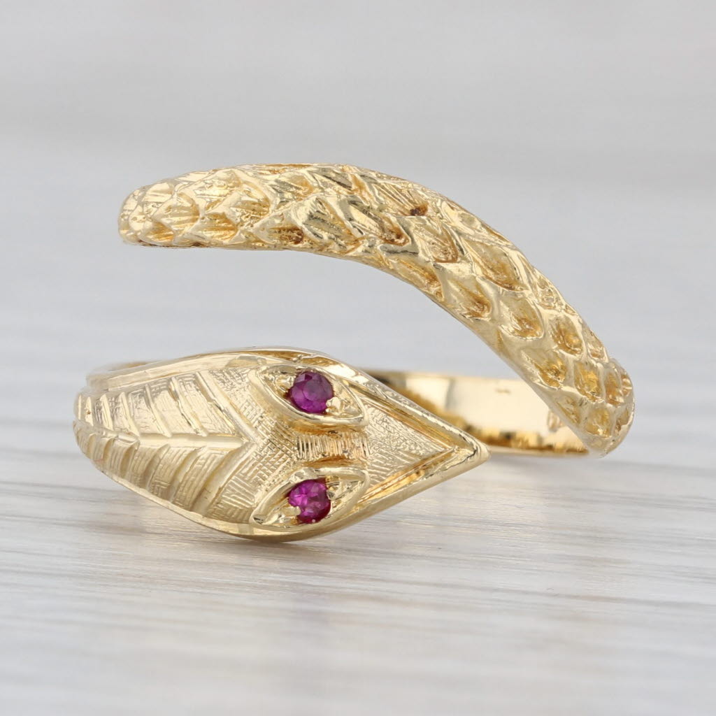 Vintage Lab Created Ruby Eyed Coiled Snake Ring 18k Gold Adjustable Size 6.5
