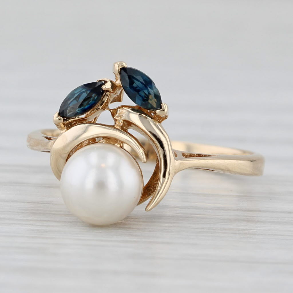 Light Gray Cultured Pearl 0.20ctw Blue Sapphire Flower Ring 14k Yellow Gold Size 5