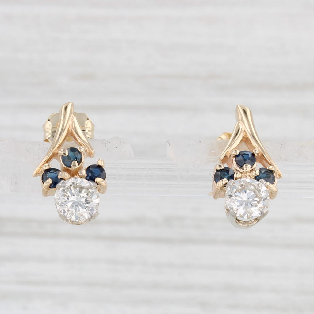 Light Gray 0.97ctw Blue Sapphire Diamond Earrings 14k Yellow Gold Drops