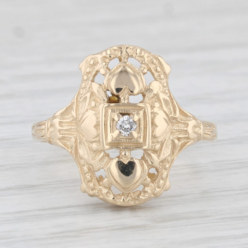 Light Gray Vintage Diamond Ornate Ring 14k Yellow Gold Size 4.5