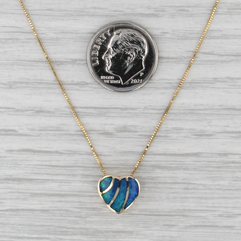 Blue Green Opal Mosaic Heart Pendant Necklace 14k Yellow Gold Box Chain Necklace