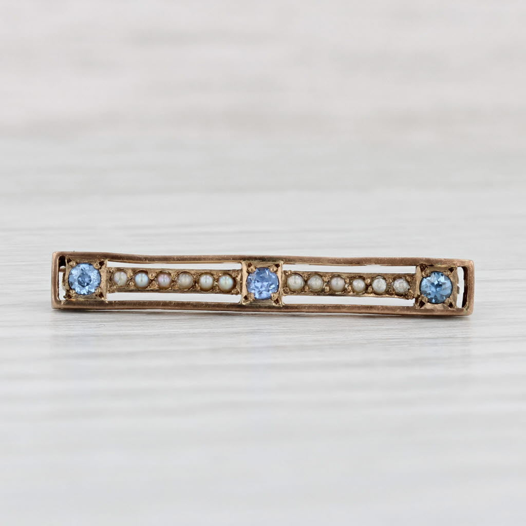 Light Gray Vintage 0.15ctw Blue Sapphire Pearl Bar Pin 14k Yellow Gold