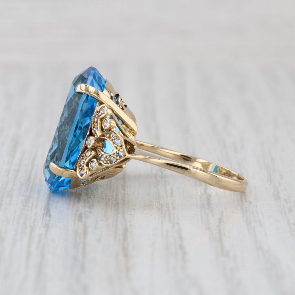 22.66ctw Oval Blue Topaz Diamond Cocktail Ring 14k Yellow Gold Size 8.75