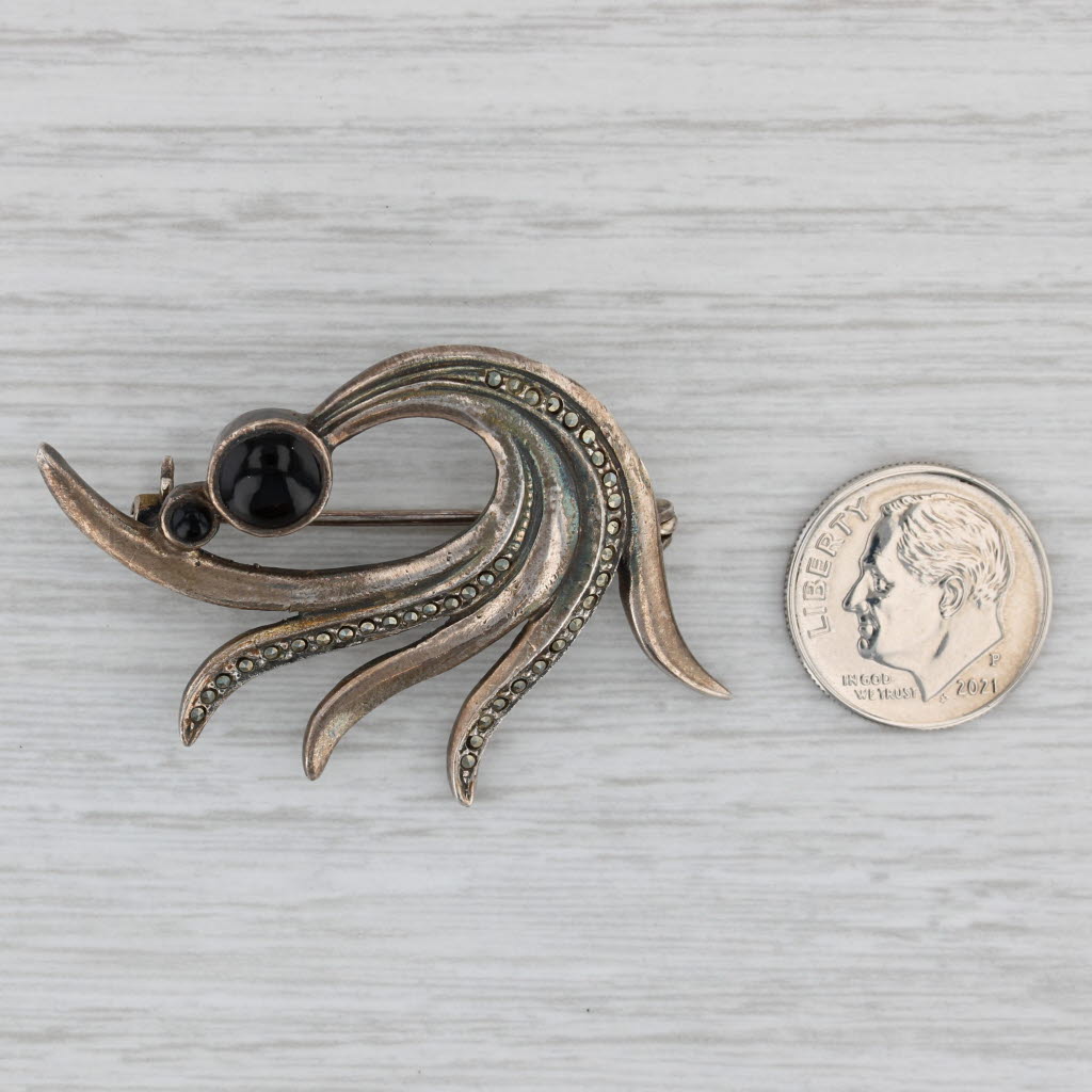 Sterling Silver Brooch Pin with Onyx and hot Marcasites