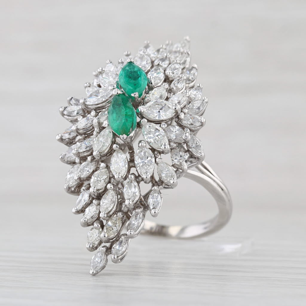 Emerald Diamond Waterfall Cocktail Ring 14k White Gold Size 8.75 GGL Card & Box