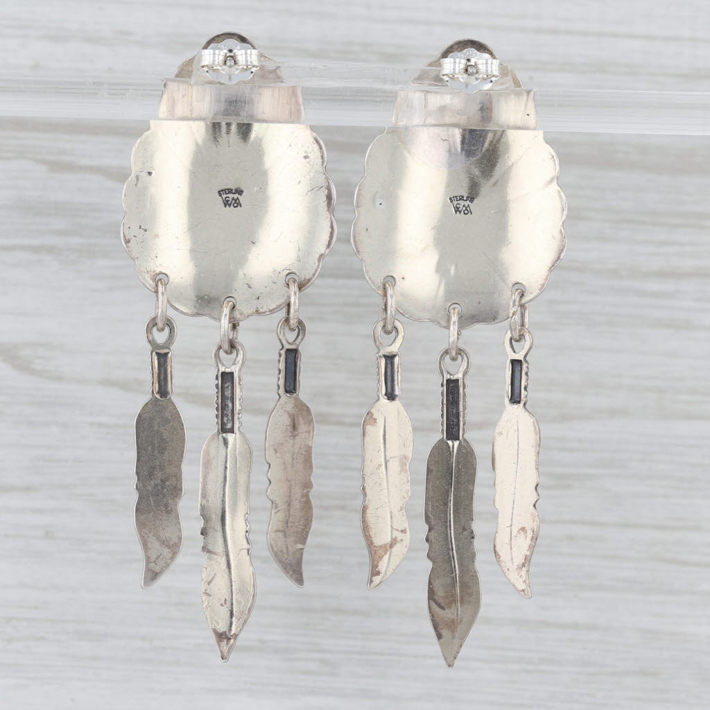 Wheeler Mfg Southwestern Dangle Feather Mosaic Earrings Sterling Silver
