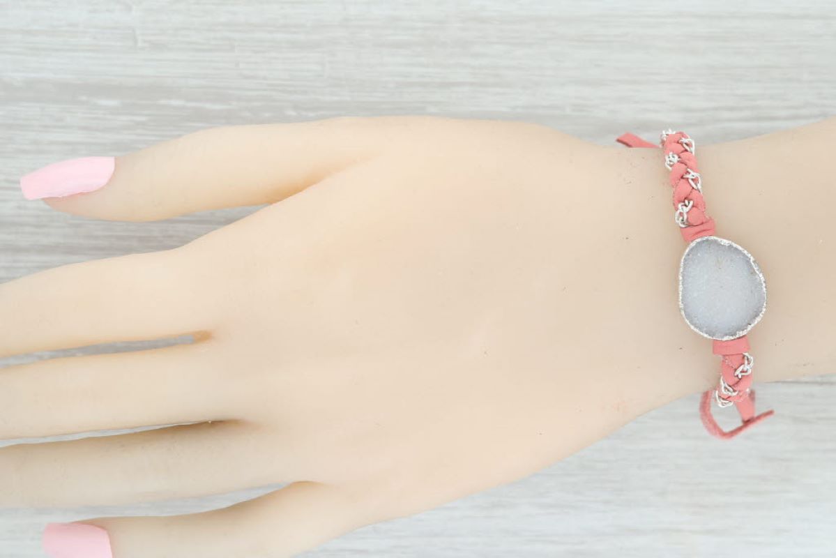 New Nina Wynn Cordelia Bracelet Woven Pink Leather White Druzy Quartz