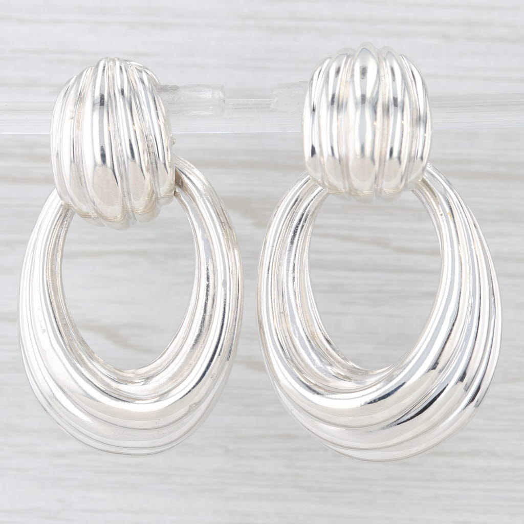 Light Gray Tiffany Clip On Convertible Dangle Earrings Sterling Silver Scalloped Oval