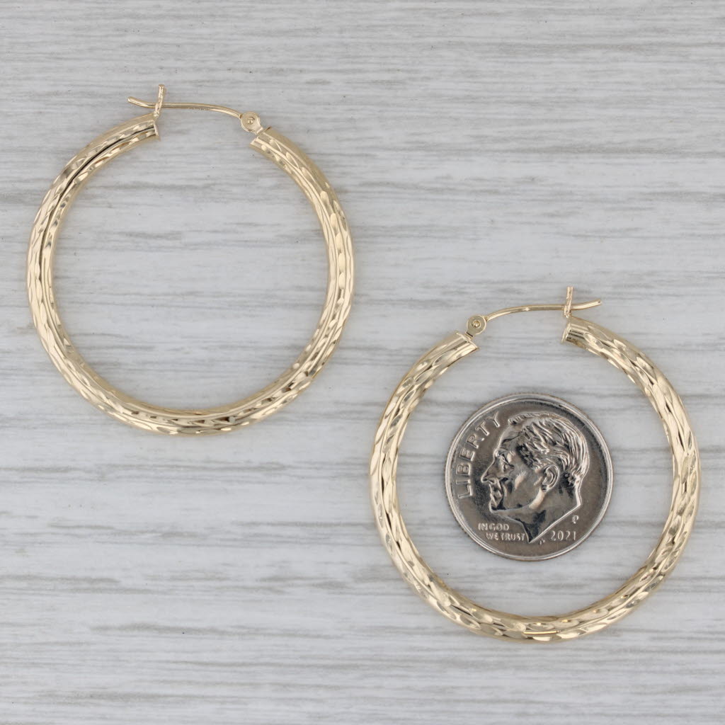 Gray Patterned Round Hoop Earrings 14k Yellow Gold Snap Top Hoops