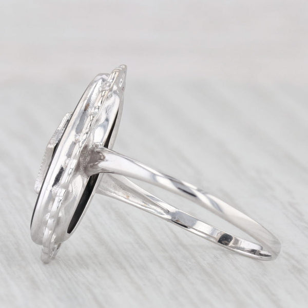 Onyx Oval Cabochon Diamond Signet Ring 10k White Gold Size 7.5 Vintage