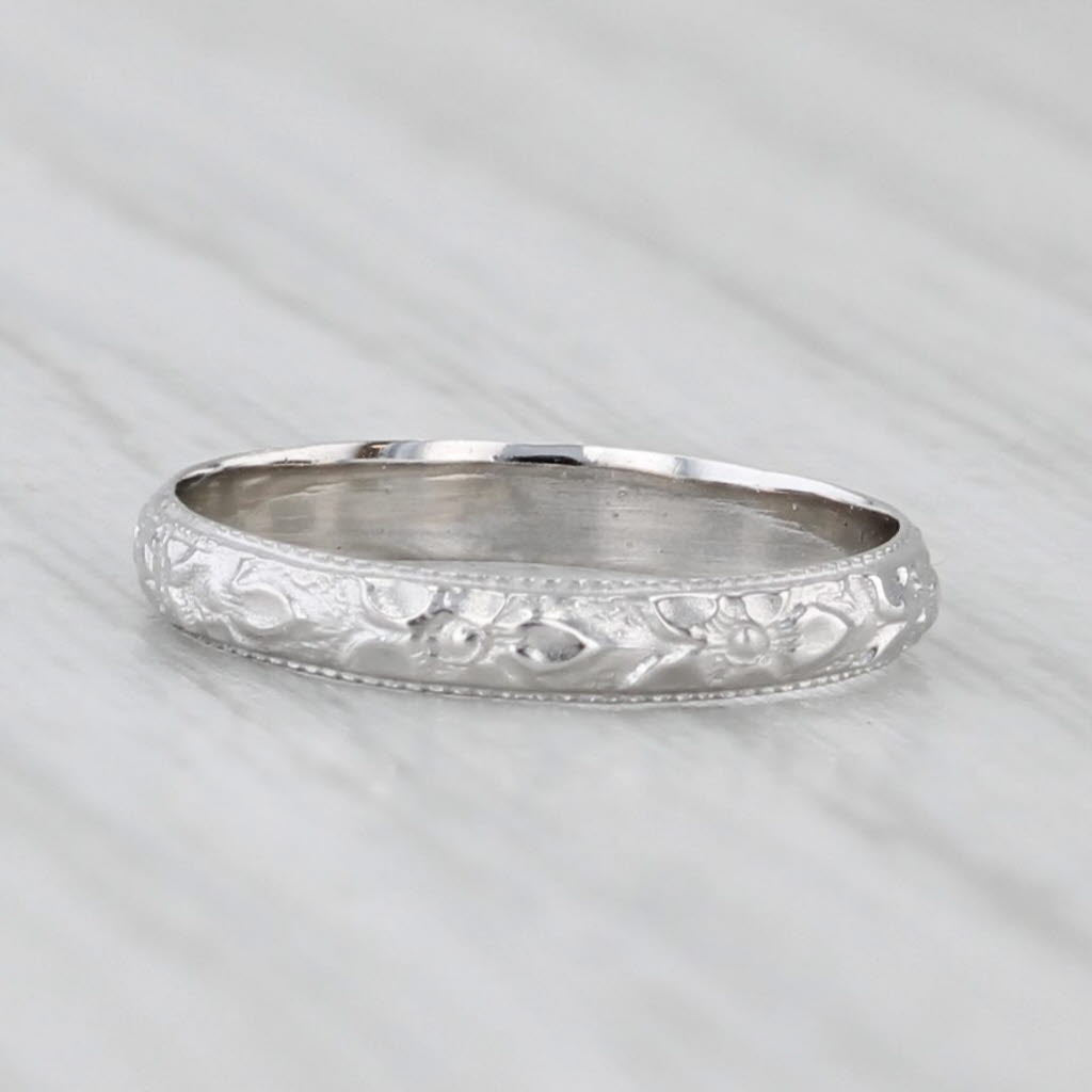 Light Gray Vintage Etched Flower Ring 14k White Gold Small Baby Size