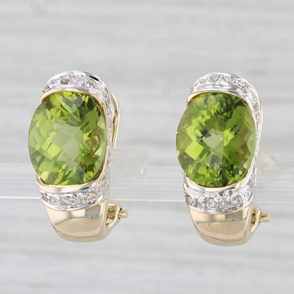 Light Gray 10ctw Peridot Diamond Drop Earrings 14k Yellow Gold Clip ON Drops Omega Backs