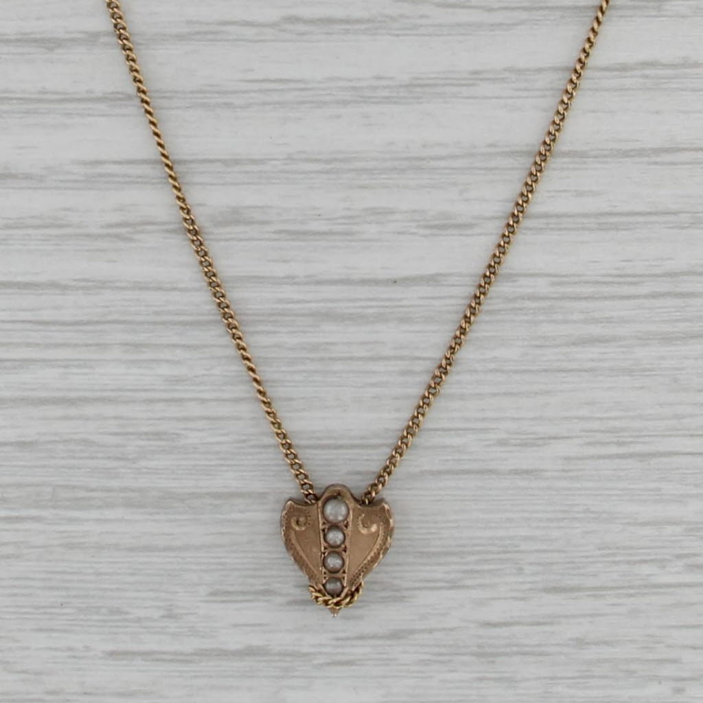 Antique Faux Pearl Slide Charm Gold Filled Curb Chain Necklace 19.75"