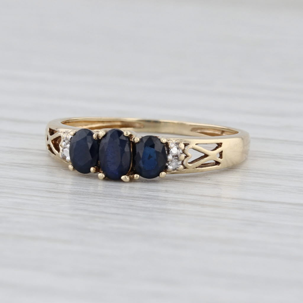 0.91ctw Blue Sapphire 3-Stone Ring 10k Gold Size 7 Diamond Accents Stackable