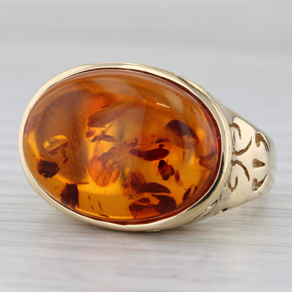 Gray Amber Cabochon 14K Yellow Gold Ornate Cocktail Ring Size 9