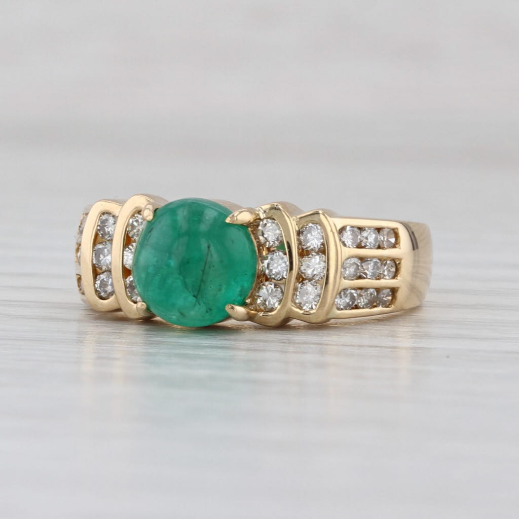 Emerald Round Cabochon 0.40ctw Diamond Ring 18k Yellow Gold Size 6