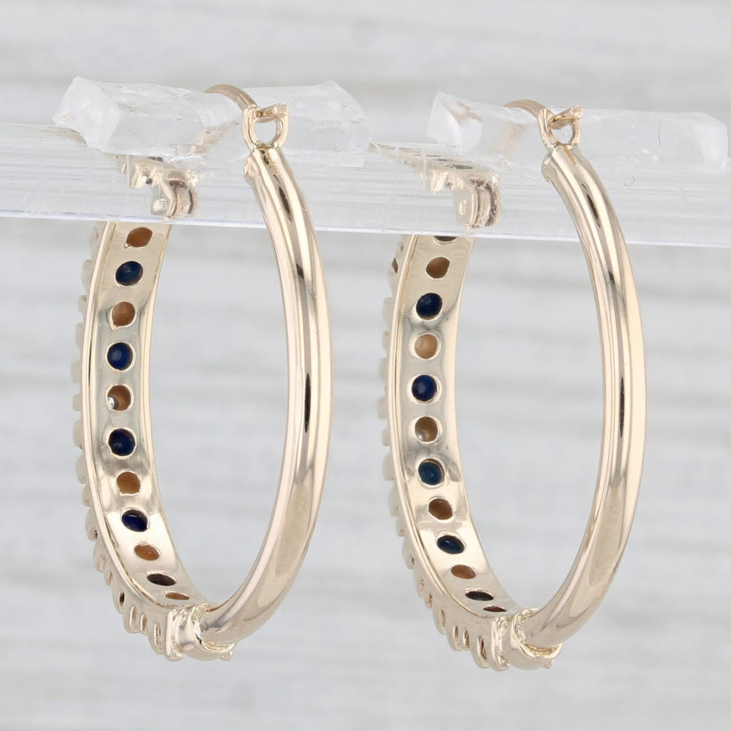 Light Gray 1ctw Blue Sapphire Diamond Hoop Earrings 10k Yellow Gold Snap Top Round Hoops