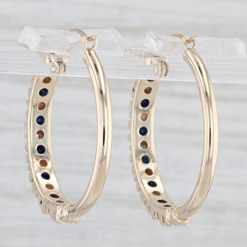 1ctw Blue Sapphire Diamond Hoop Earrings 10k Yellow Gold Snap Top Round Hoops