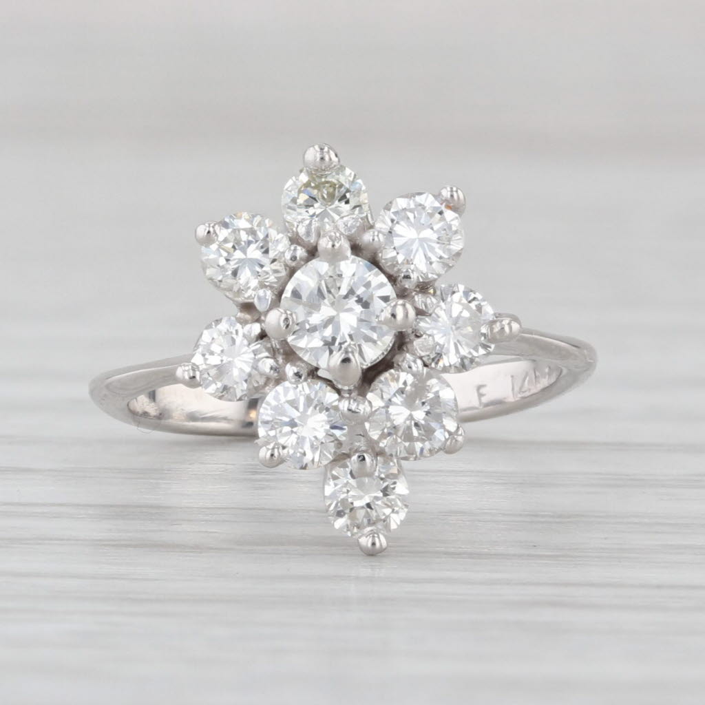 0.83ctw Diamond Cluster Flower Engagement Ring 14k White Gold Size 3.75