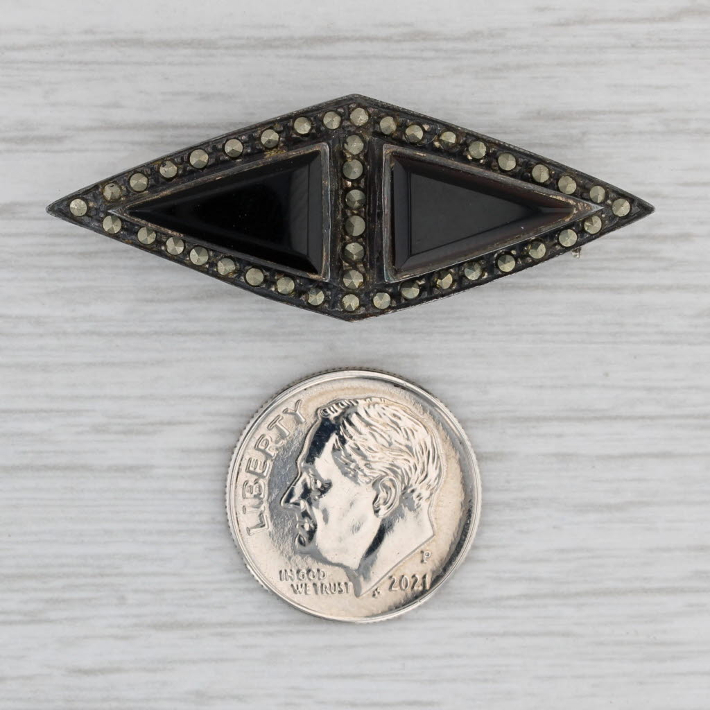 Gray Vintage Onyx Marcasite Brooch Sterling Silver Pin