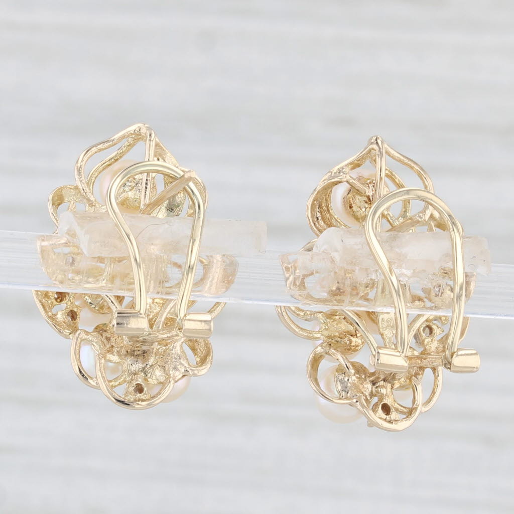 Light Gray Cultured Pearl Diamond Drop Earrings 14k Yellow Gold Omega Backs