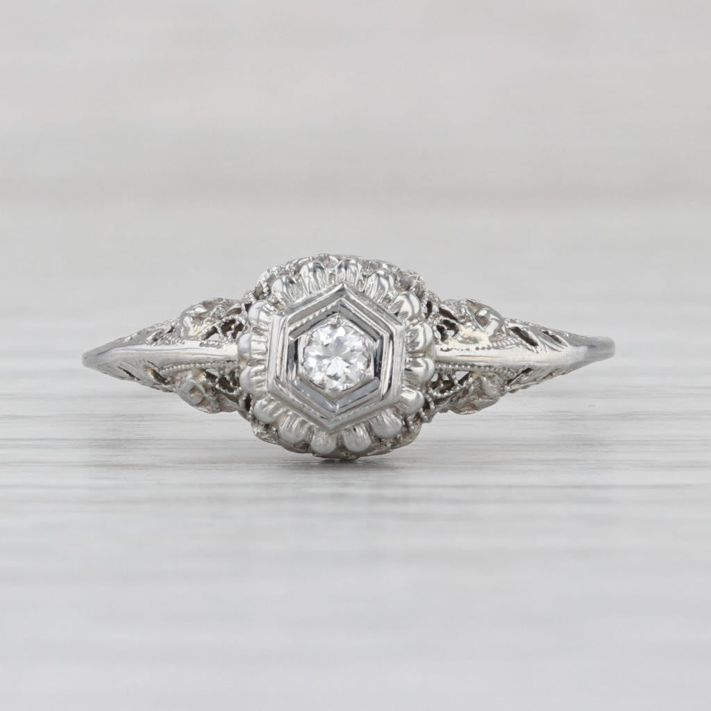 Art Deco Diamond Solitaire Ring 18k White Gold Filigree Size 11 VS2 Engagement