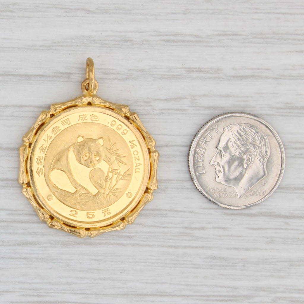 Light Gray Authentic 1988 Chinese Panda Coin Pendant 1/4 oz 25 Yuan 999 Fine Gold 21k Bezel