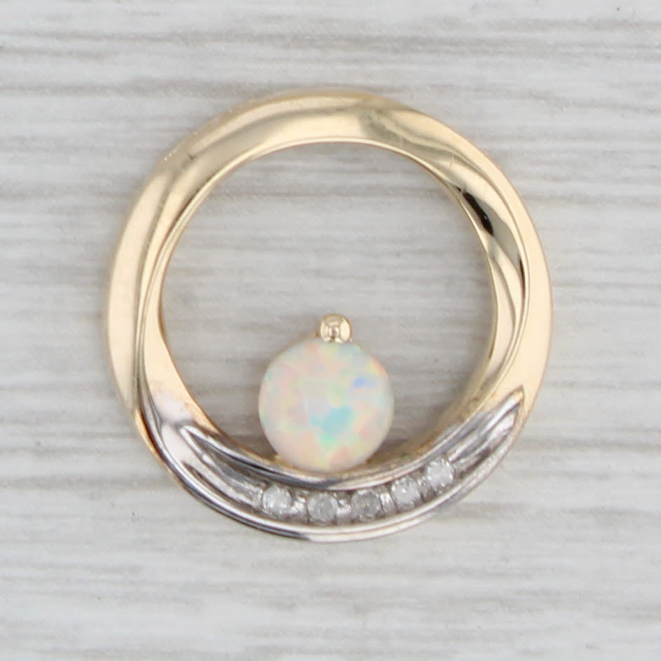 Gray Lab Created Opal Diamond Circle Pendant 10k Yellow Gold Floating Drop