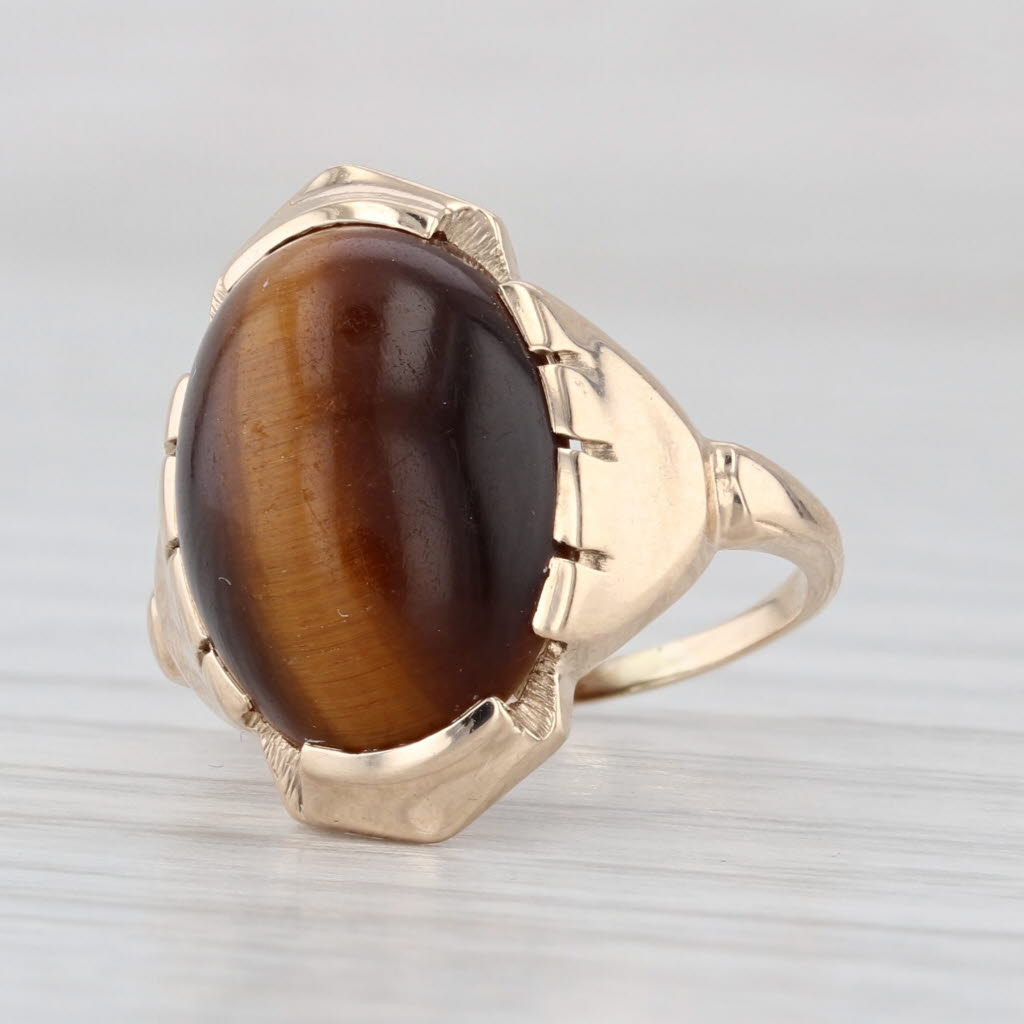 Vintage Tiger's Eye Oval Cabochon Ring 10k Yellow Gold Size 3.5