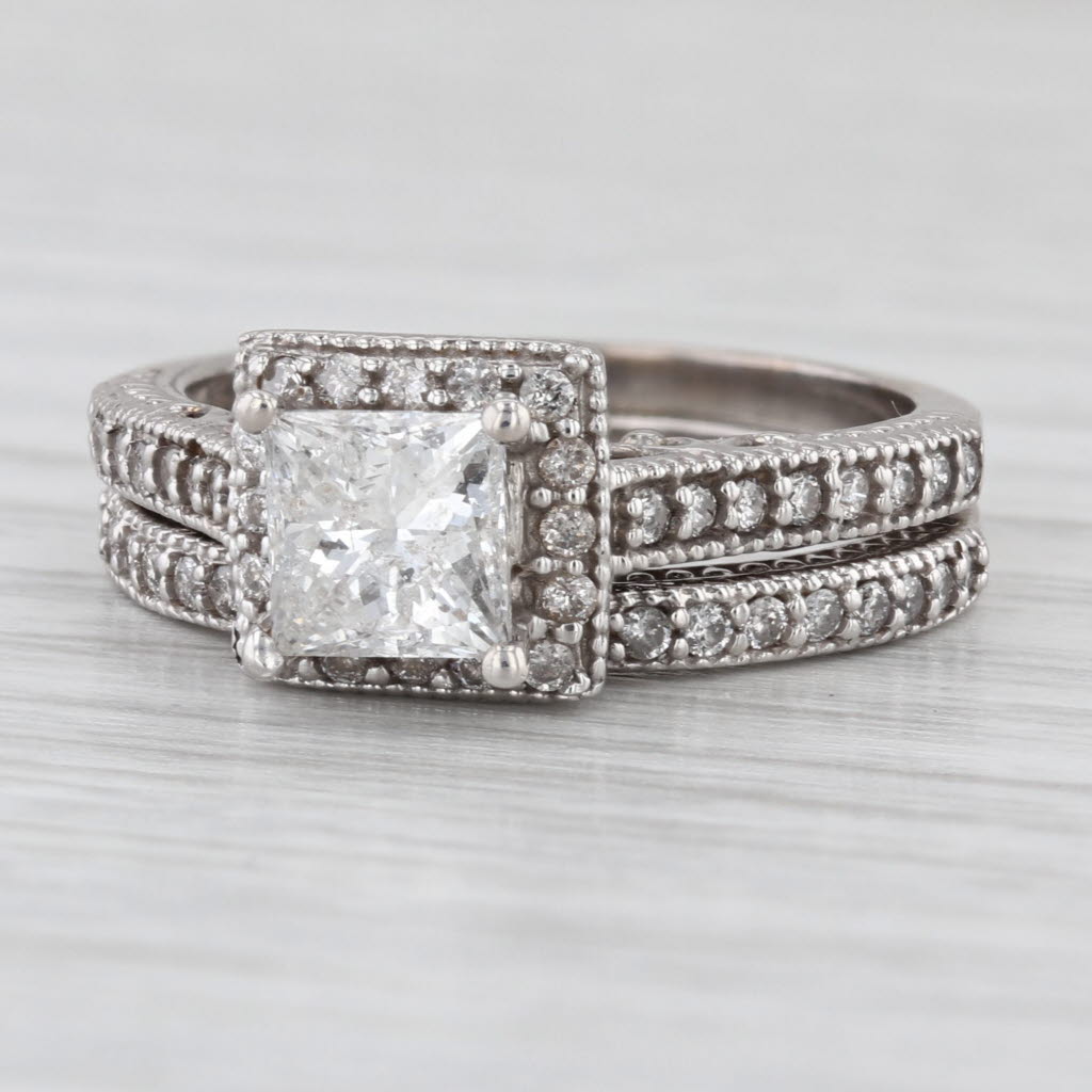 1.50ctw Princess Diamond Halo Engagement Ring Wedding Band Set 14k White Gold
